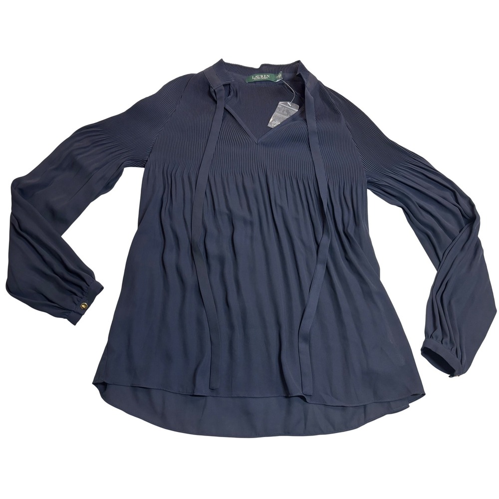 Lauren Ralph Lauren Georgette Blouse Women's Navy NEW Pleated Tie Neck Size PS